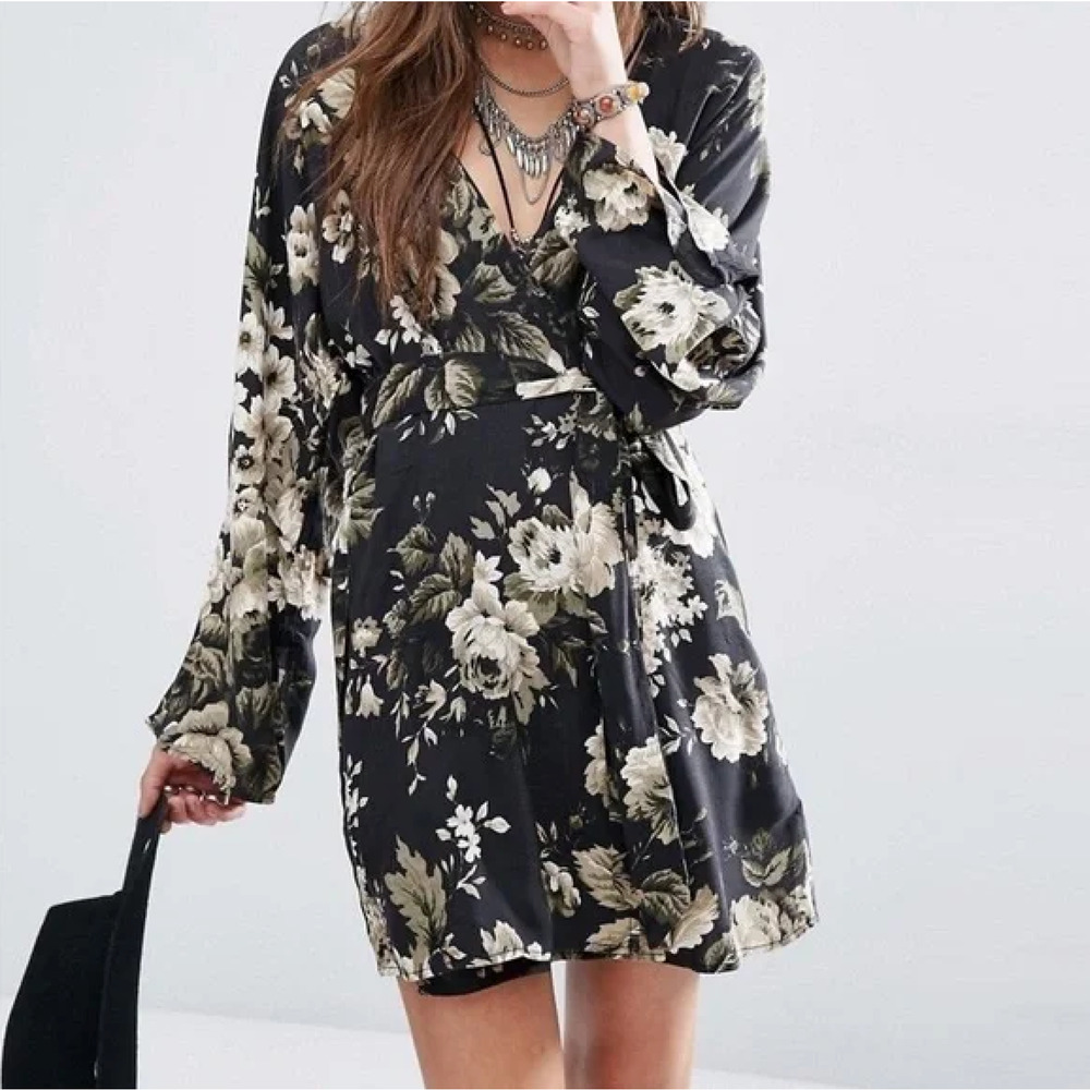 Denim & Supply Ralph‎ Lauren Faux Wrap Dress Black Floral Long Sleeve Sz XS